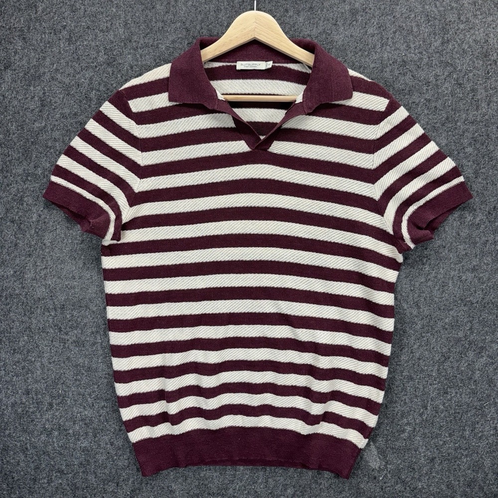 Suitsupply Linen Cotton Johnny Collar Polo Shirt Mens Medium Striped Luxury Red